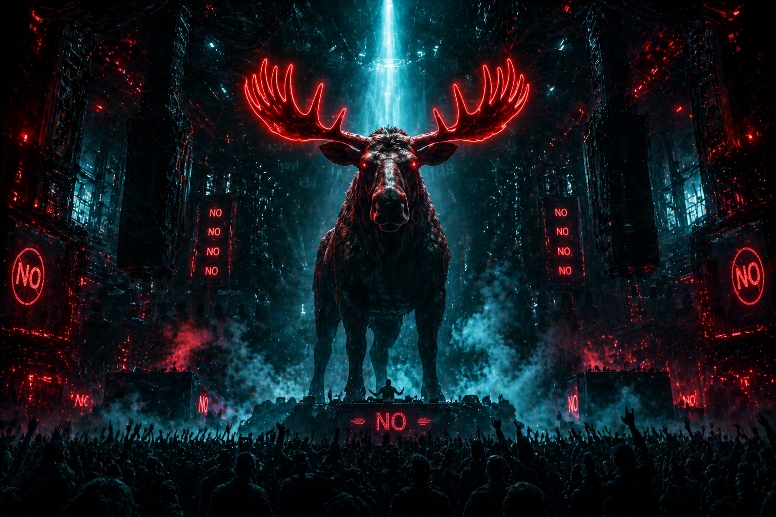 Heavy Moose — Mythical moose commands a neon-lit concert stage